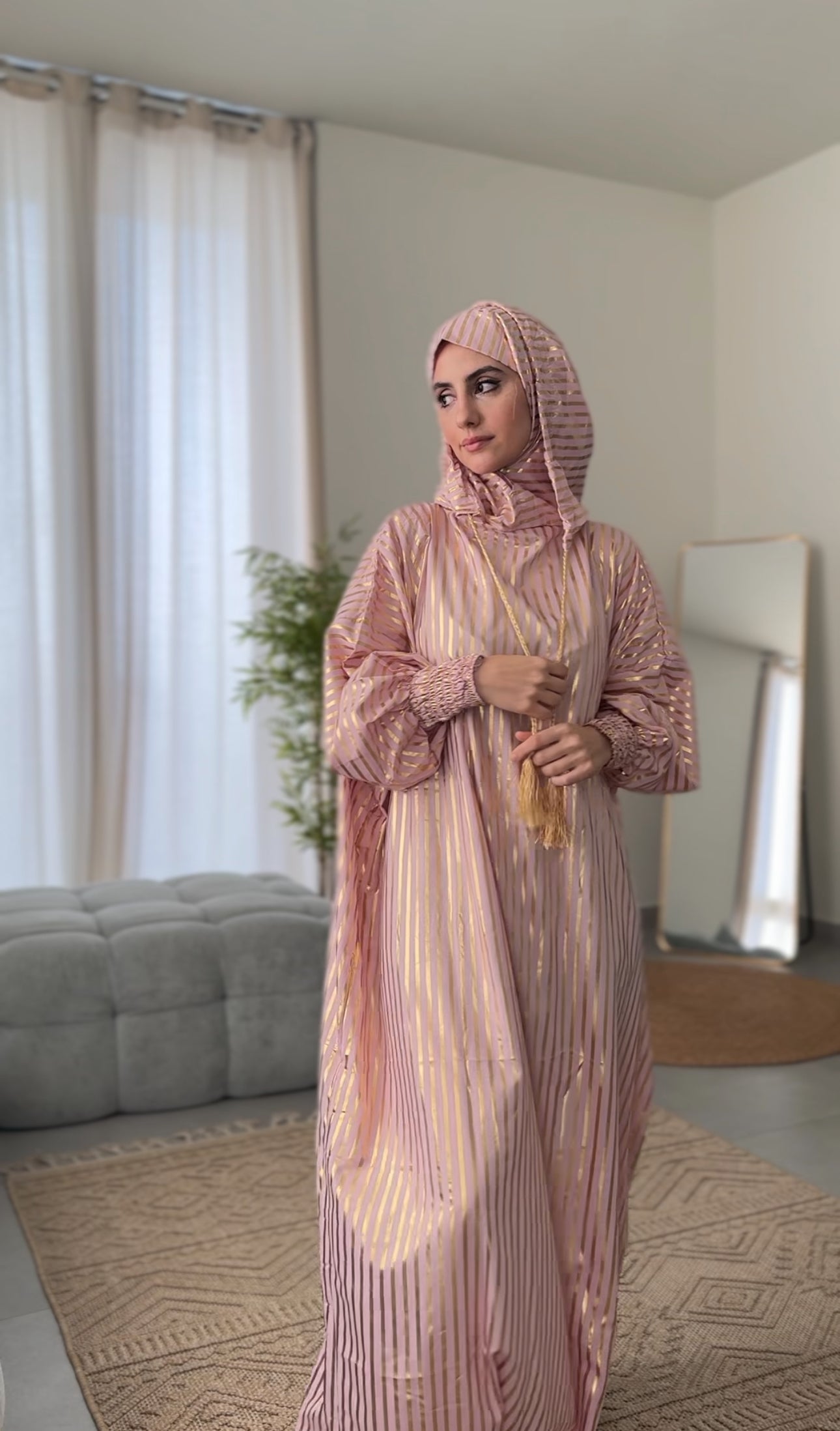 Baby pink burqa with thick gold vertical lines