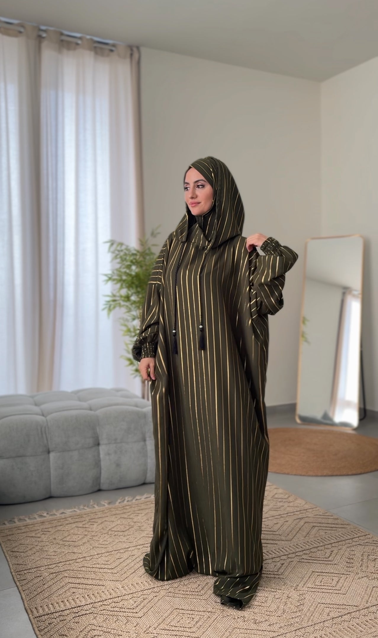 Army green burqa with thin gold vertical lines