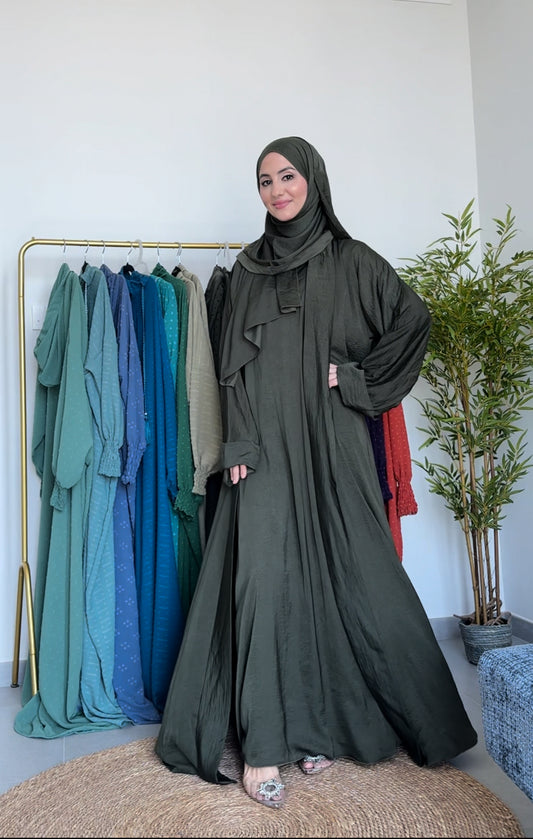 Army green 3 piece abayah with inner and scarf