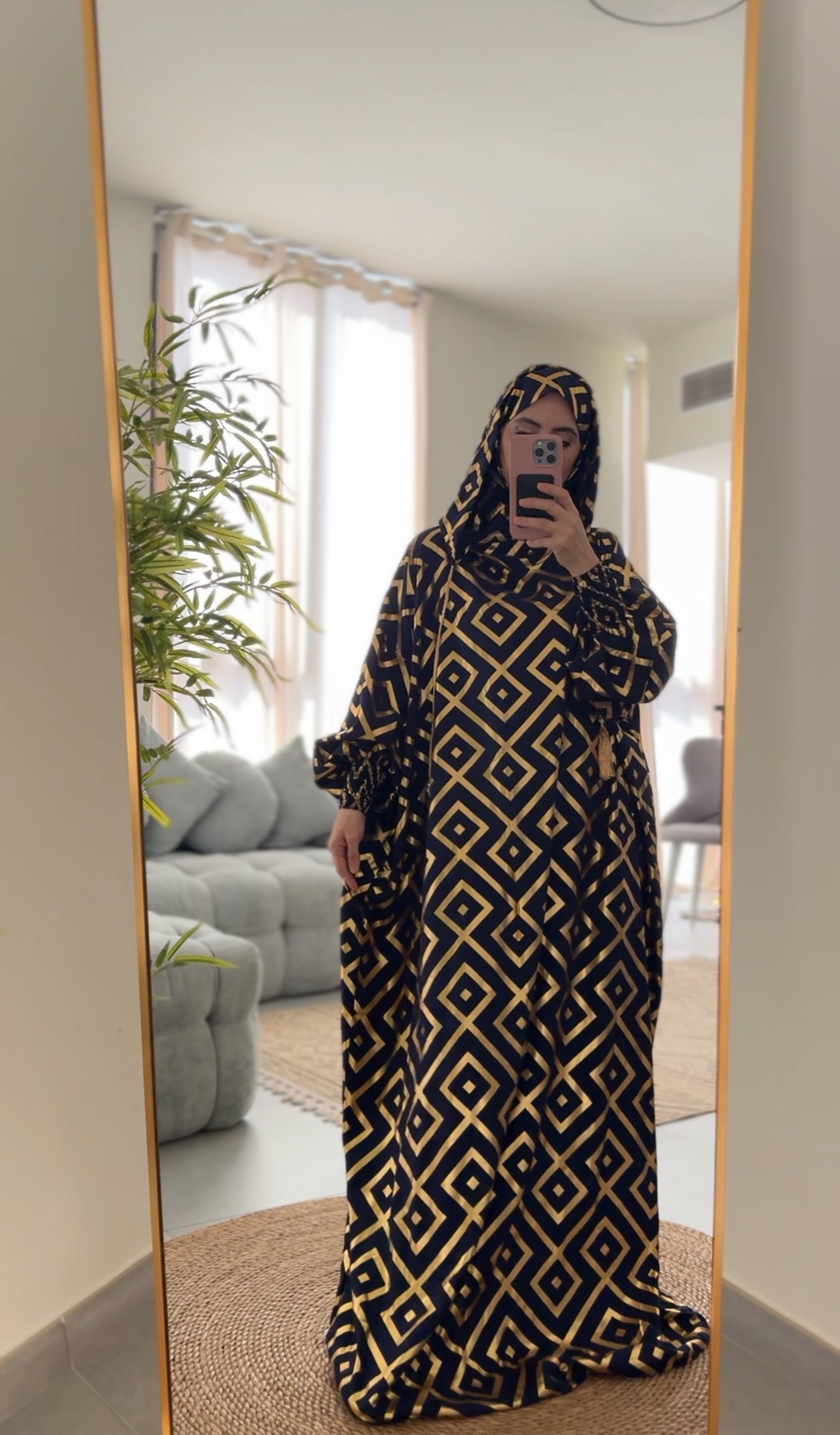 Navy burqa with gold geometric lines