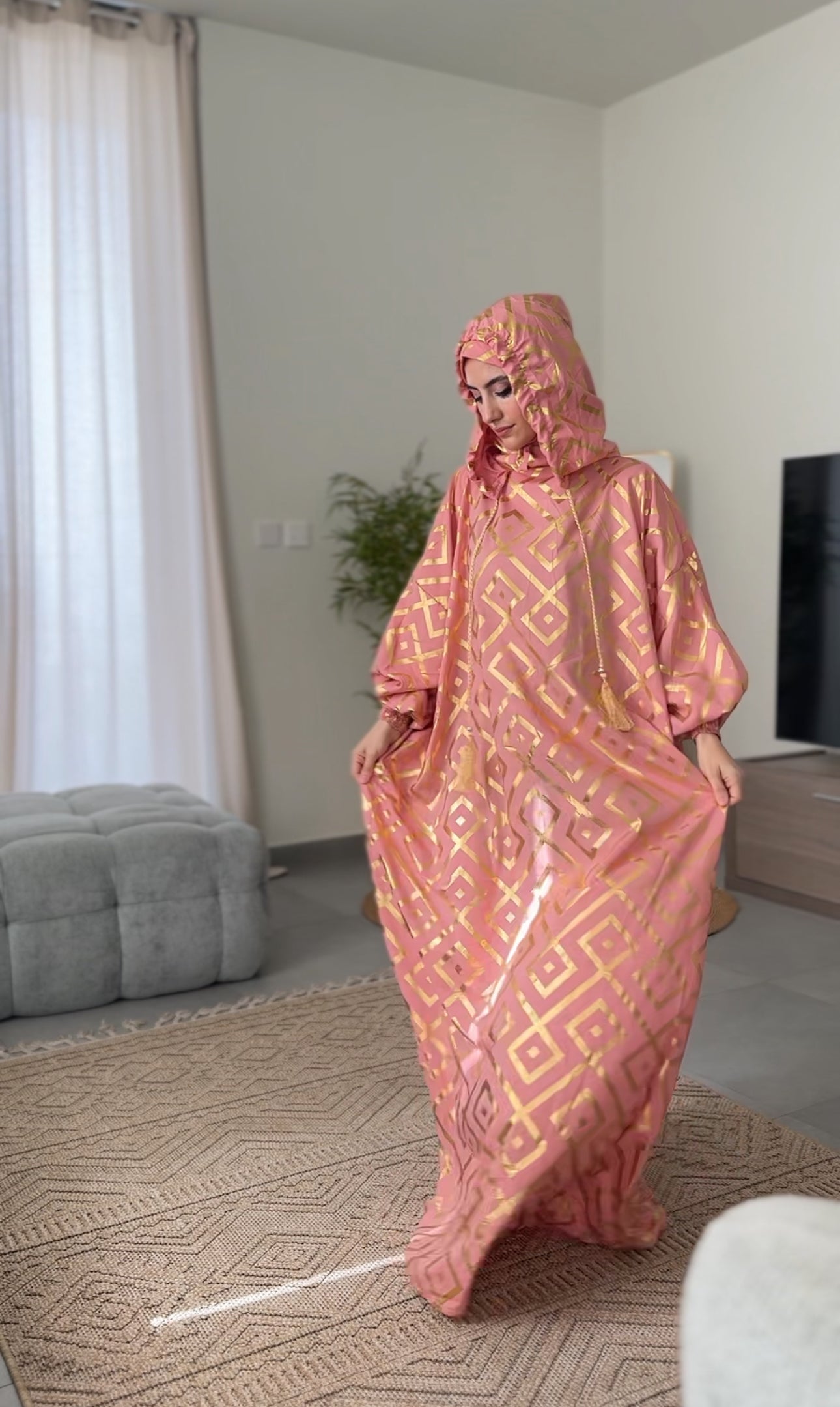 Light coral burqa with gold geometric lines