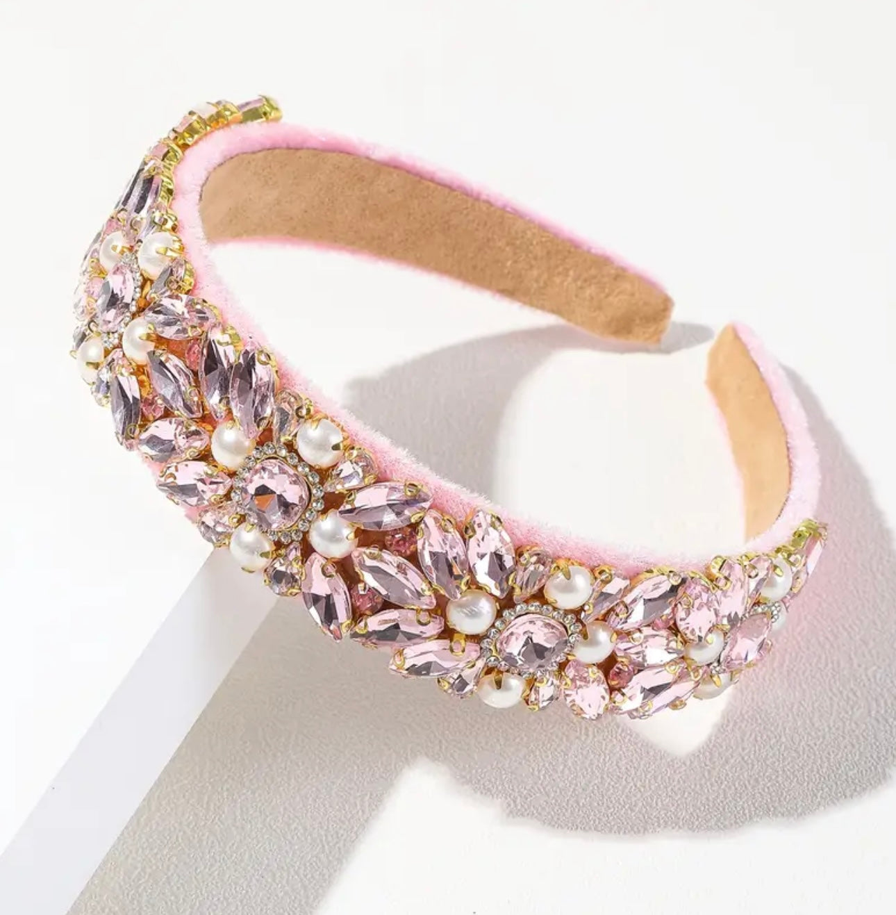 Pink Flower with gold and pearl Beadwork Alice Band