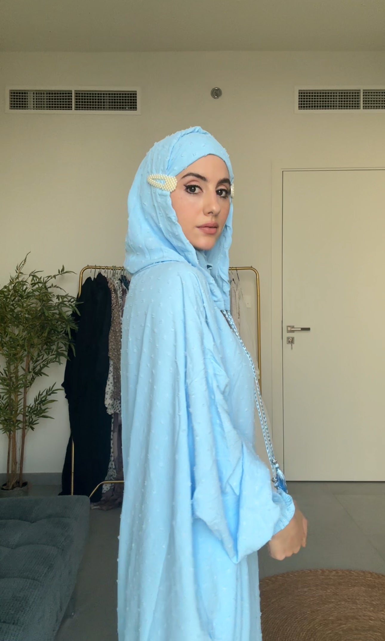 Baby blue burqa with blue dots