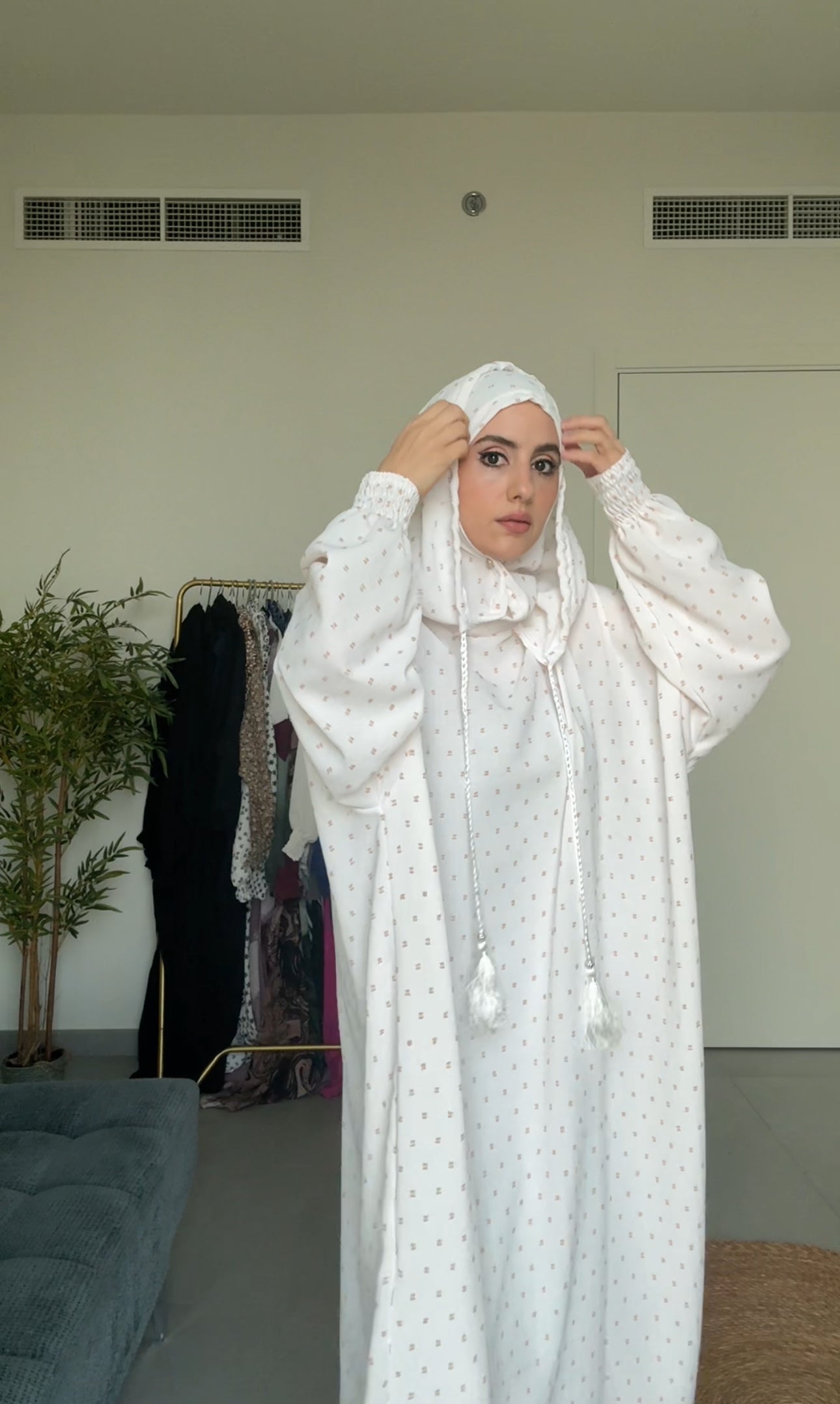 White burqa with beige dots