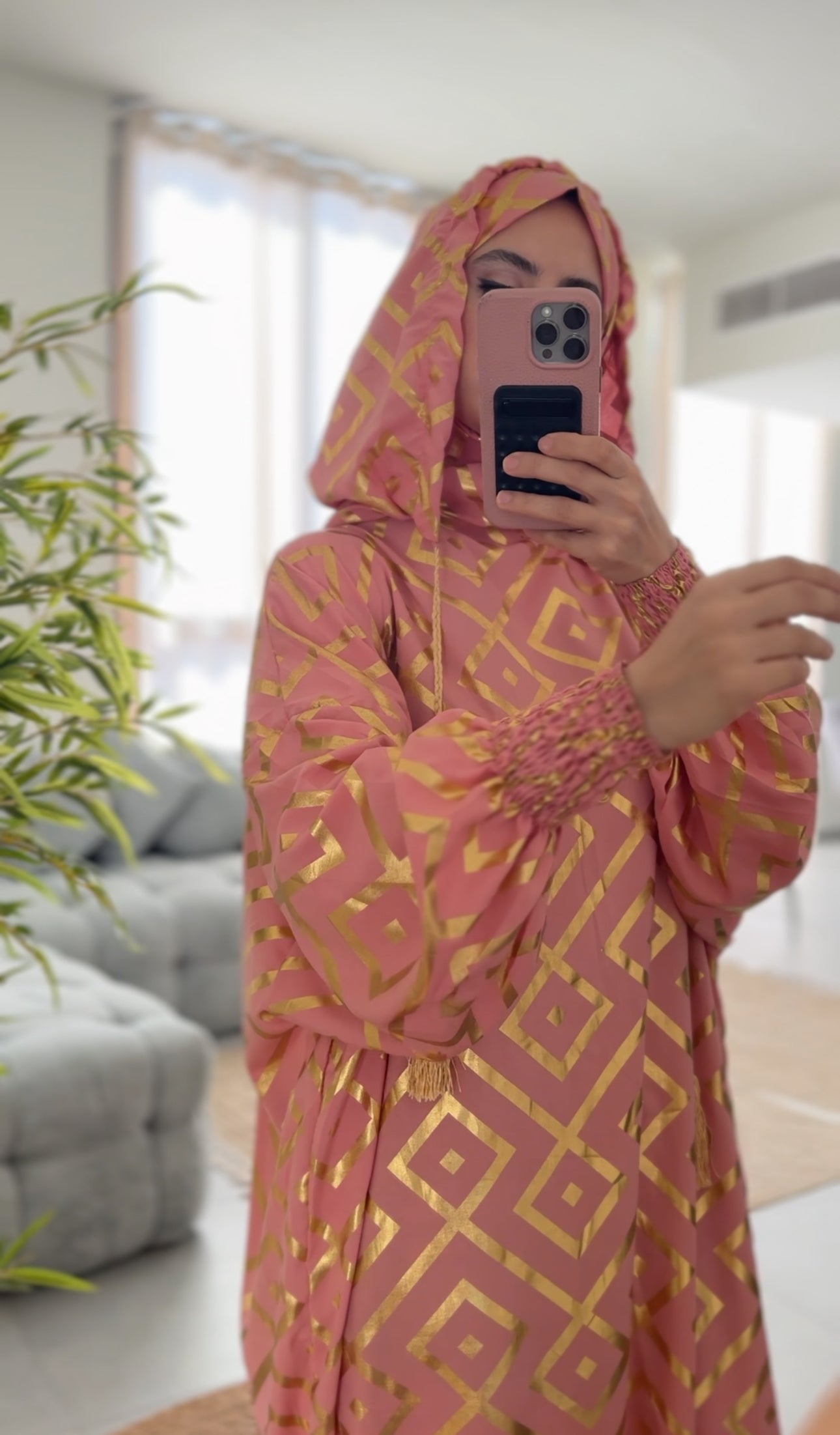 Light coral burqa with gold geometric lines