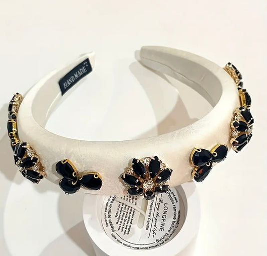 White with Black Beadwork Alice Band