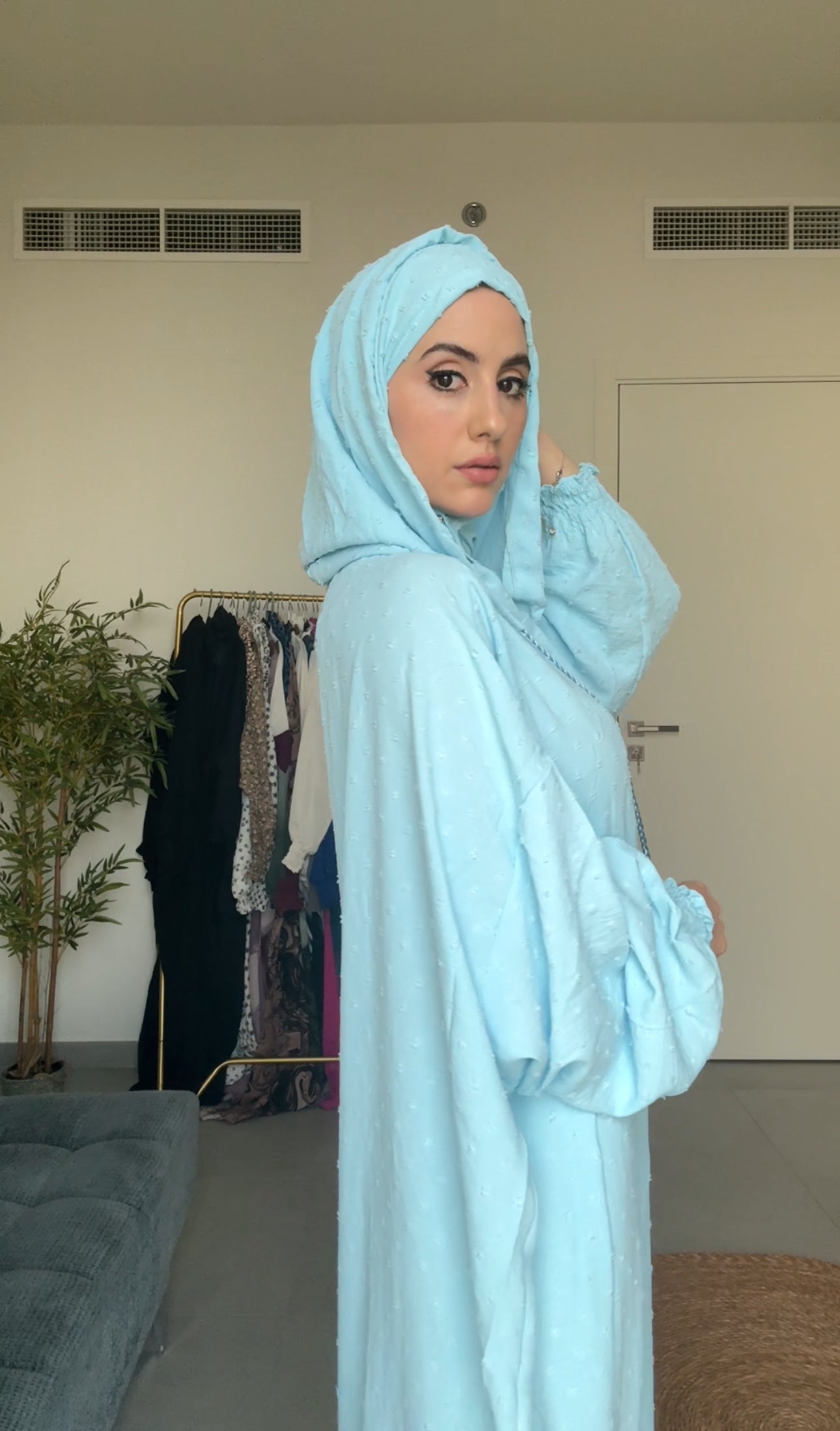 Light blue burqa with blue dots