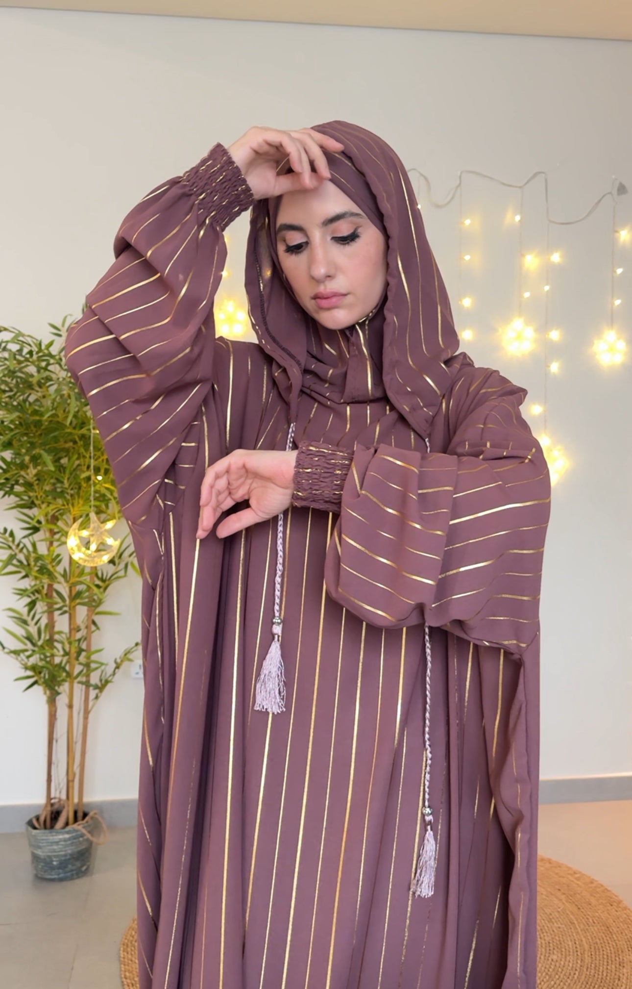 Pinkish Brown burqa with thin gold vertical lines