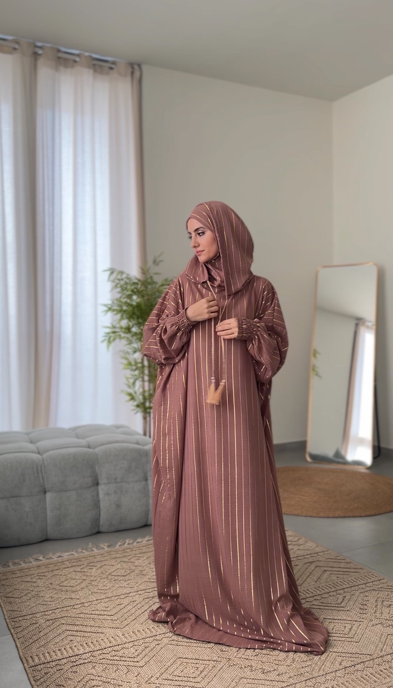 Pinkish Brown burqa with thin gold vertical lines