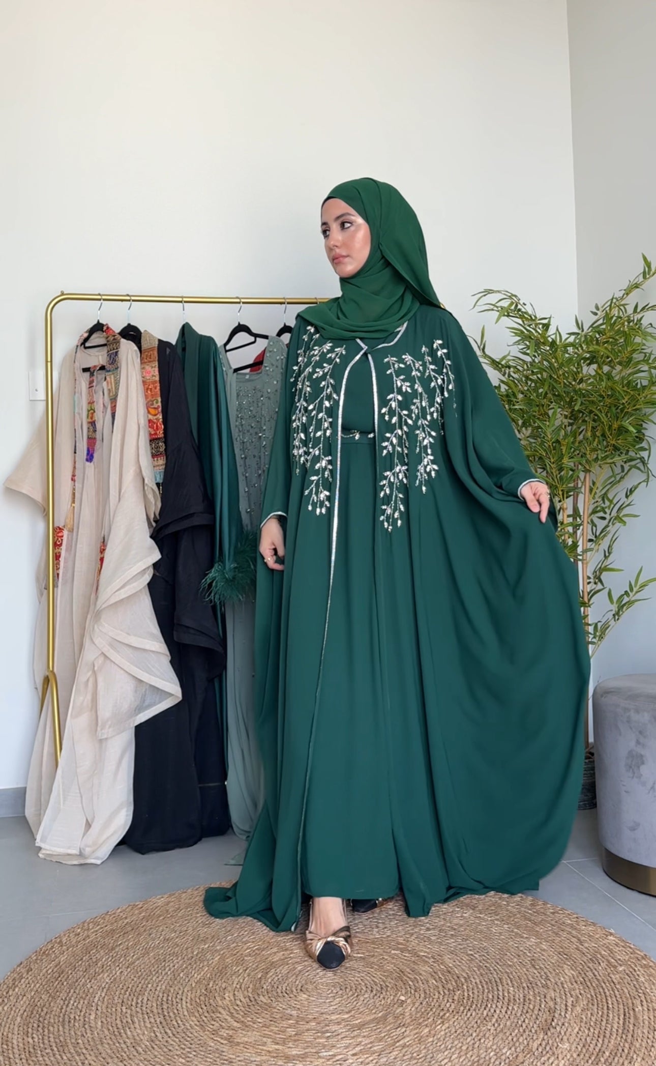 Emerald green abayah with silver beadwork with inner and belt