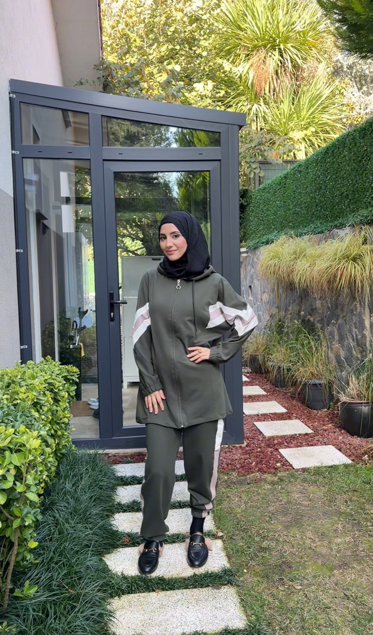 Army green tracksuit set with white stripes