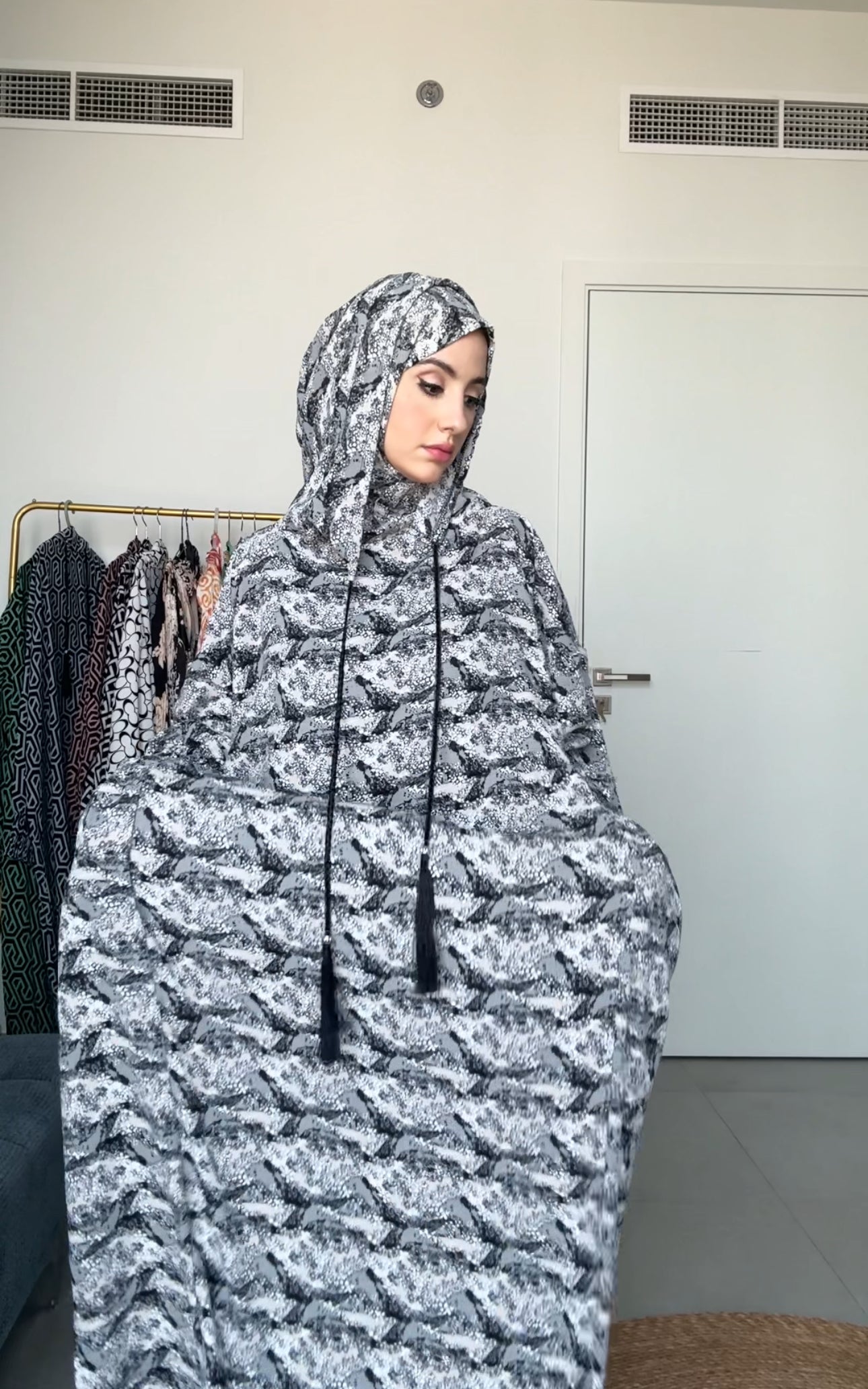 Black and white burqa with pockets