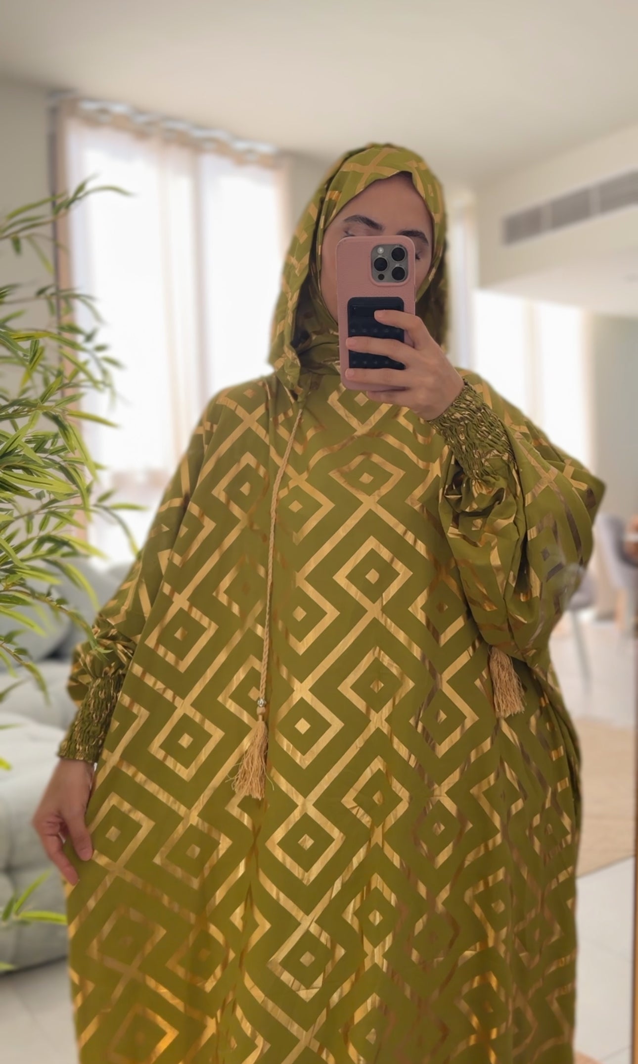 Olive green burqa with gold geometric lines