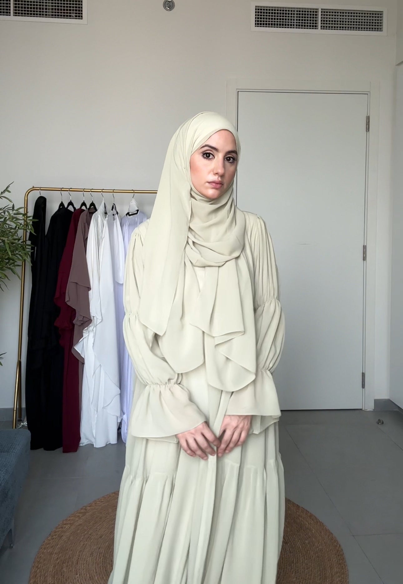 Two Piece Pista Green Pleated Chiffon Abayah