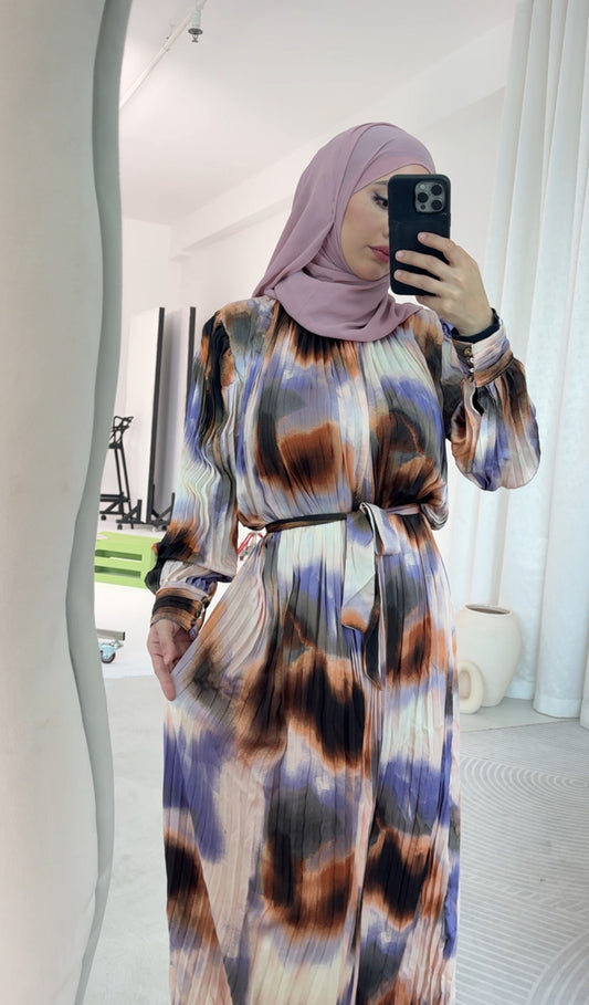 Brown and purple dye pleated dress