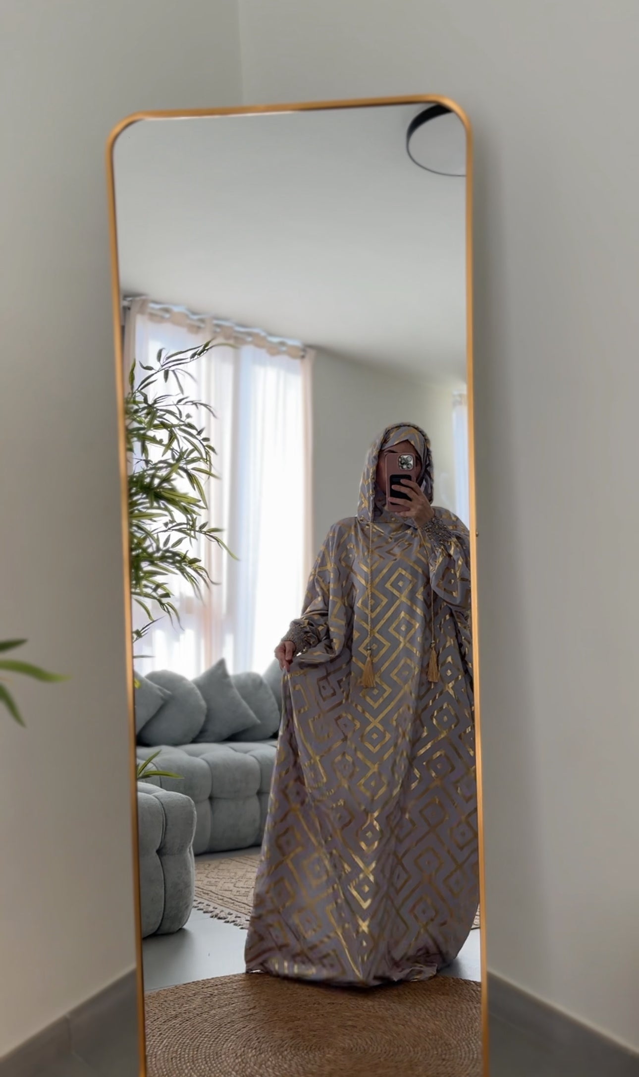 Light grey burqa with gold geometric lines