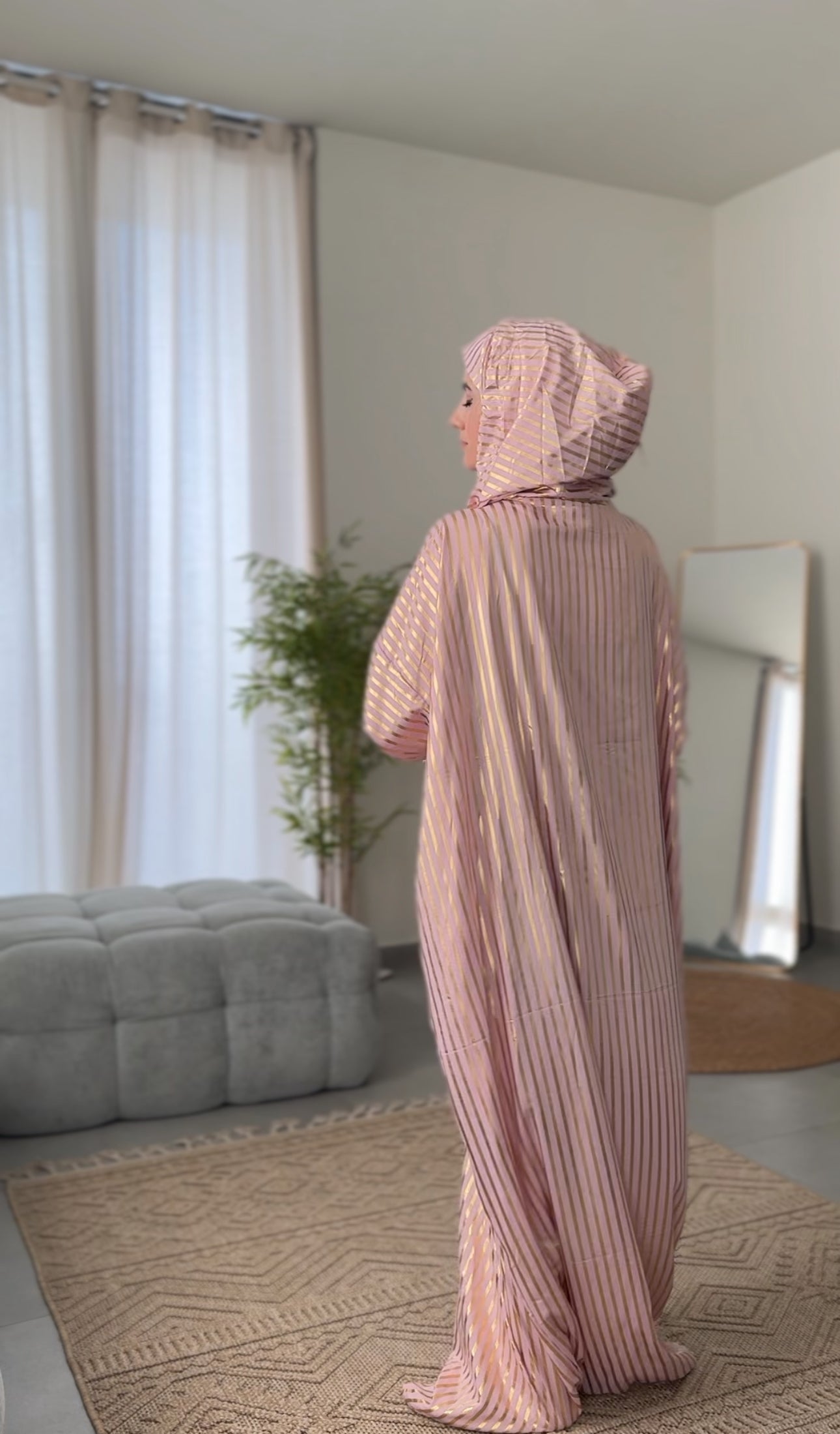 Baby pink burqa with thick gold vertical lines