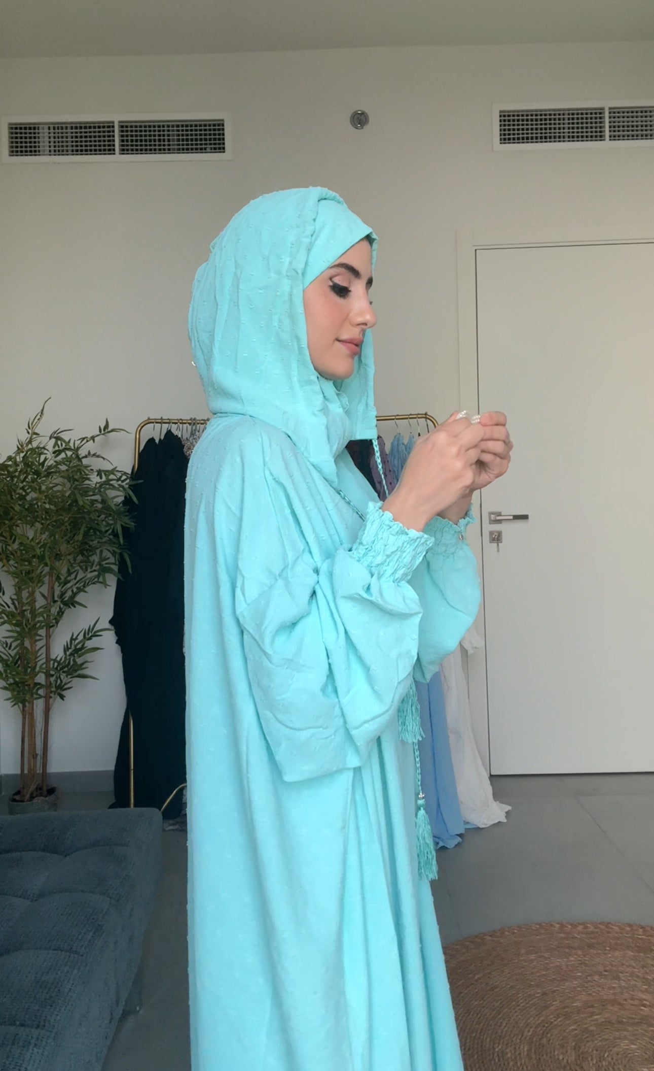 Bright blue burqa with blue dots