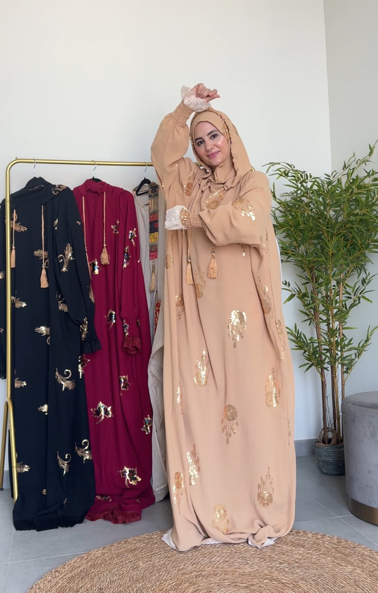 Beige Hoodie Burqa with embroidery and lace work