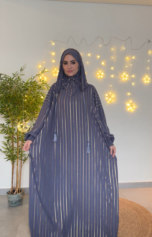 Dark gray burqa with thin gold vertical lines