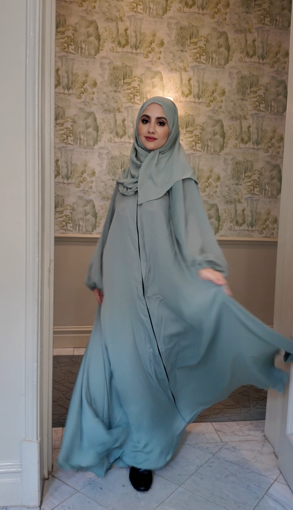 Light Green flow Abayah with attached hijab