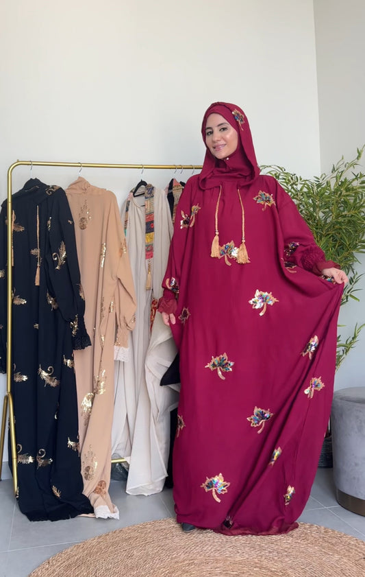 Maroon Hoodie Burqa with embroidery and lace work