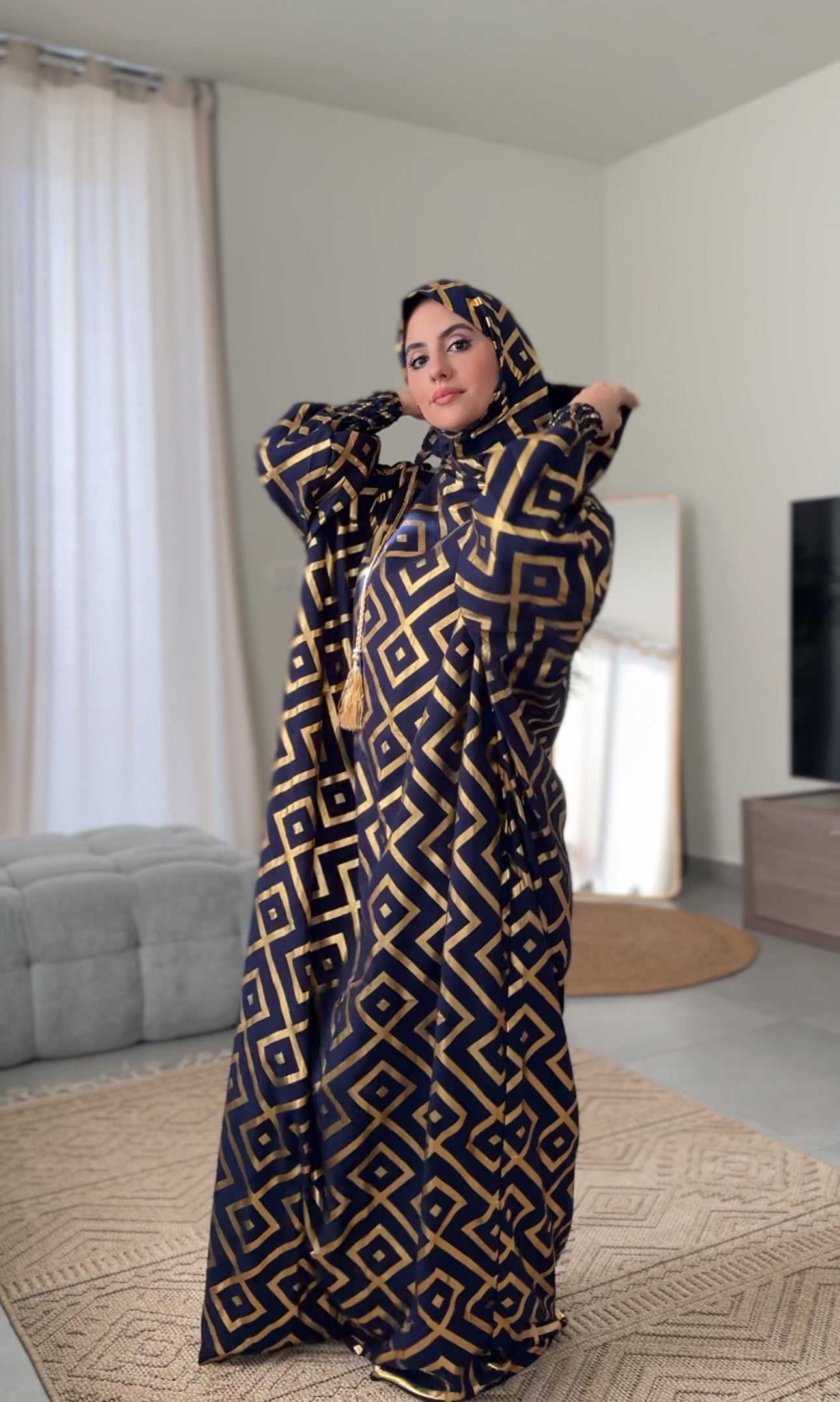 Navy burqa with gold geometric lines