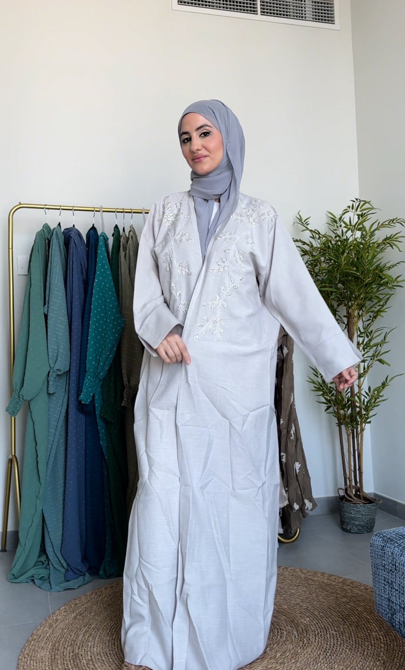 Light grey 3 piece abayah with floral beadwork infront