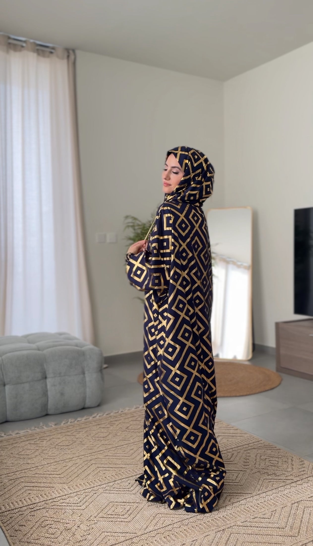 Navy burqa with gold geometric lines