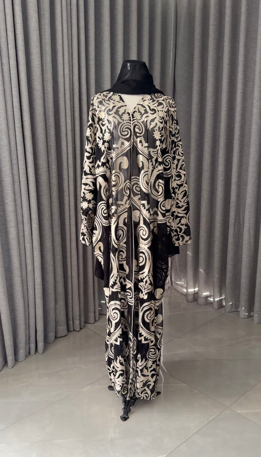 Black Net Abayah with Gold Embroidery Design 1