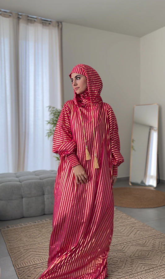 Fuchsia pink burqa with thick gold vertical lines