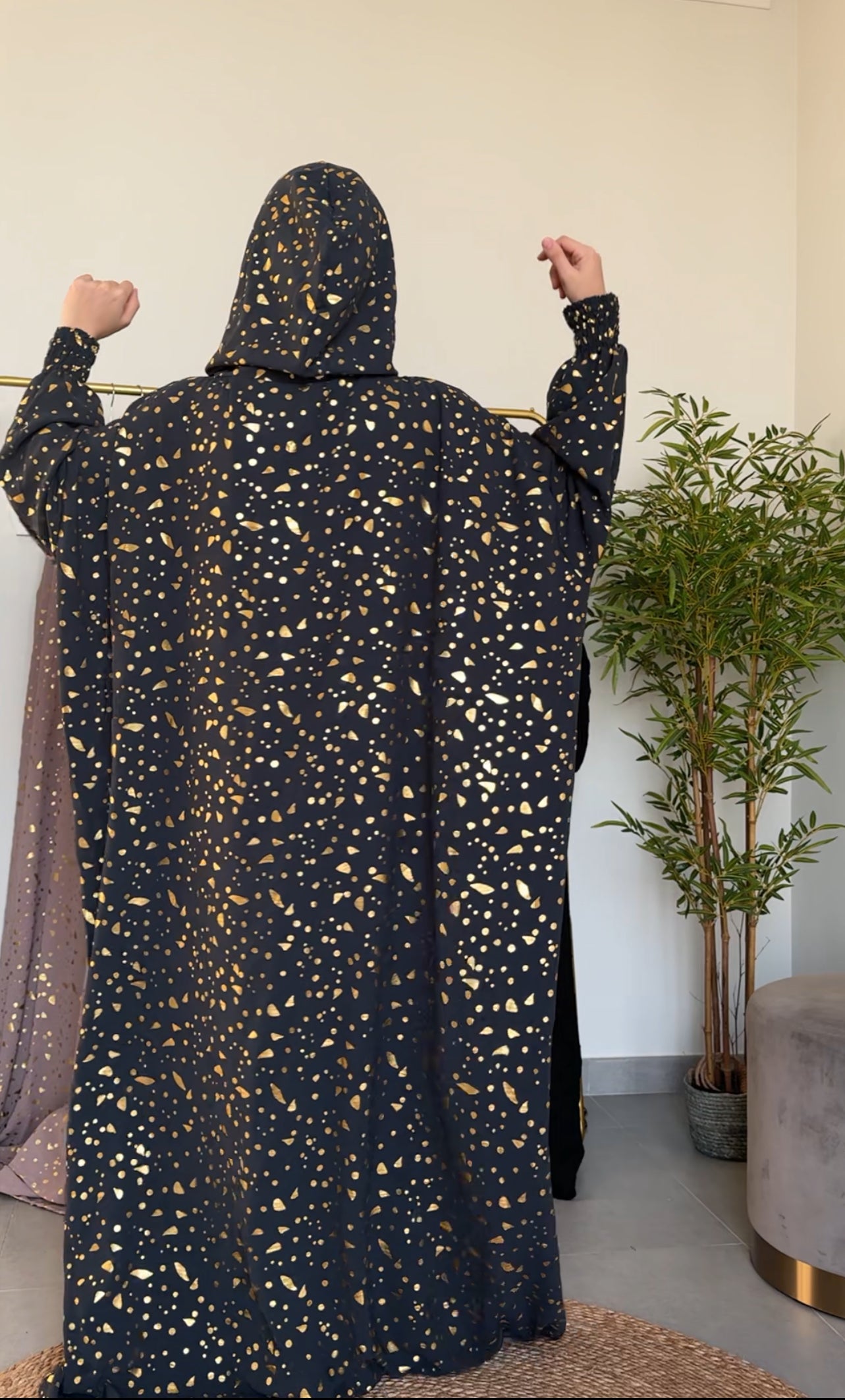 Grey burqa with gold pattern